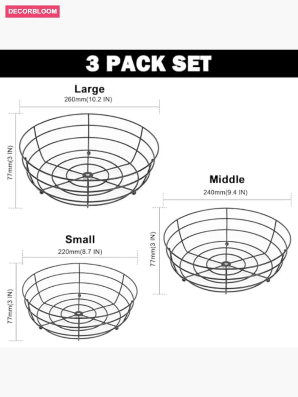 Set of 3 Metal Wire Fruit Baskets Kitchen Counter Storage Organizer